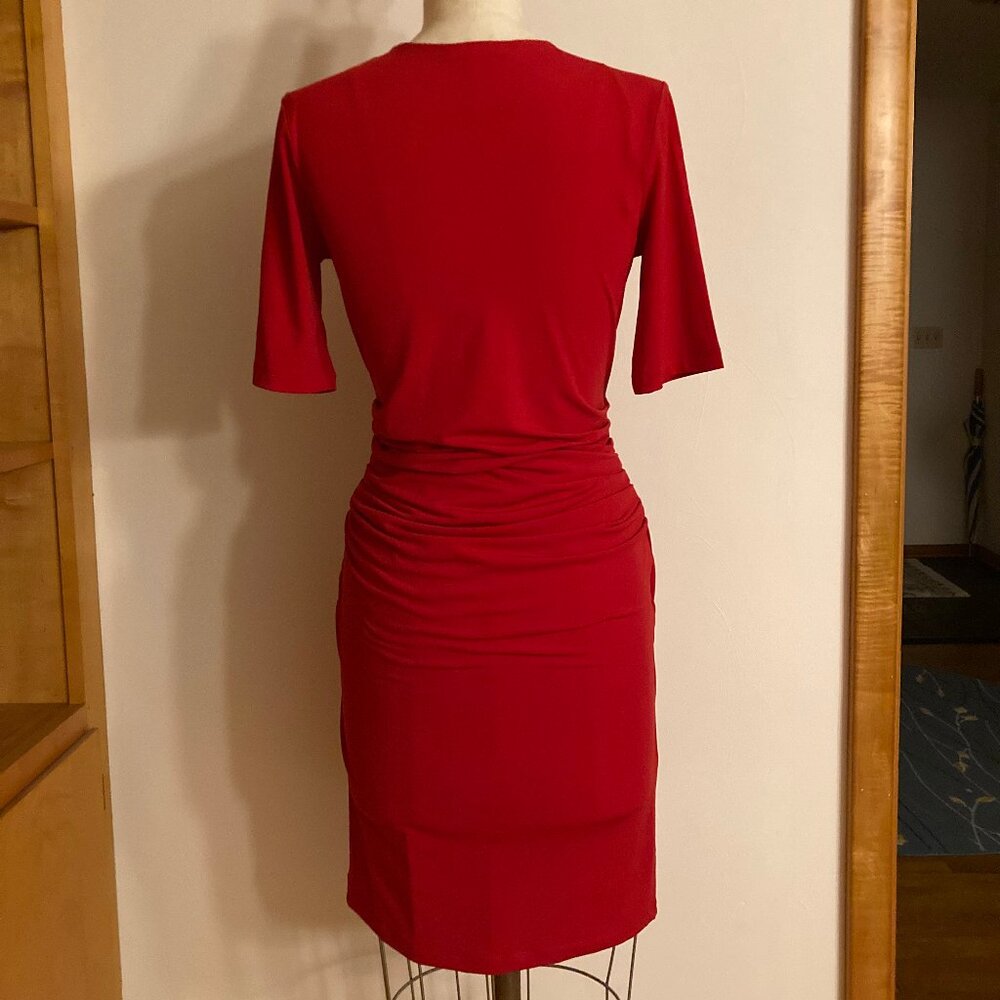 Ruby Red Ruched Dress Bodycon 3/4 Sleeve Valentine Holiday - Picture 11 of 11